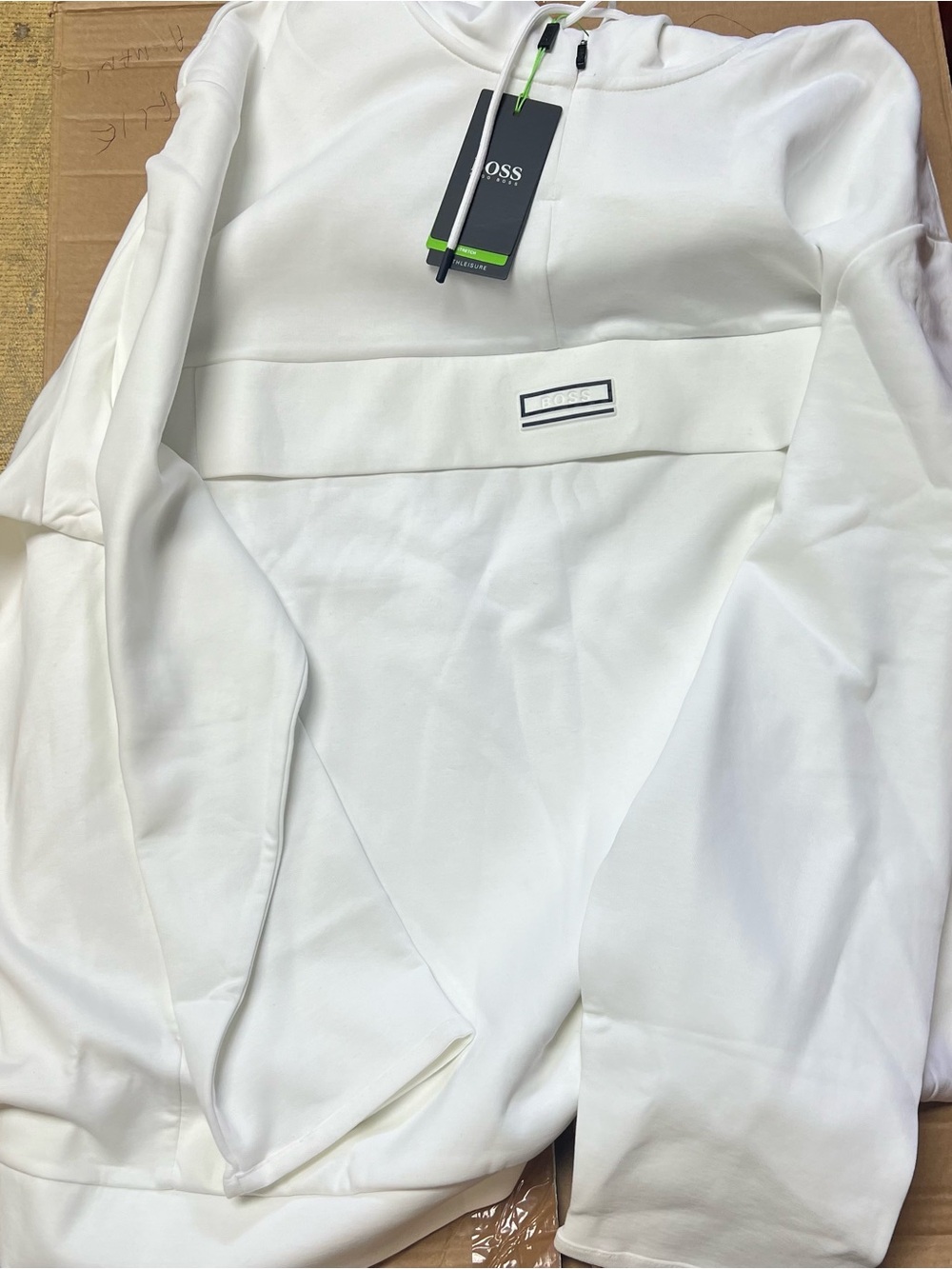 BOSS White Hoodie with Subtle Logo Patch and Green-Accented Tag